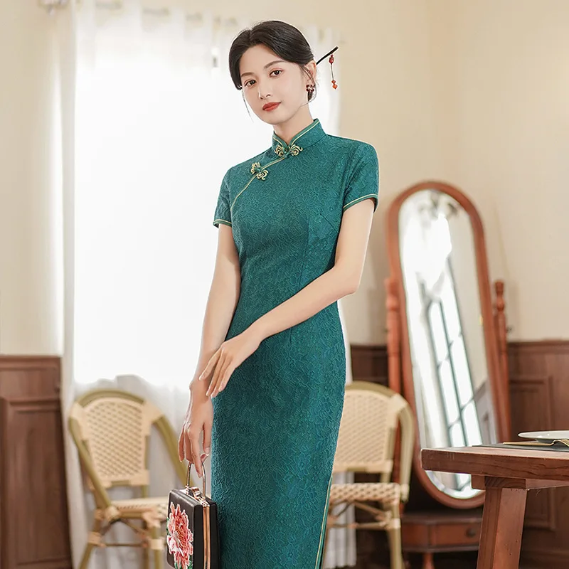 

Lace Female Cheongsam Classic Traditional Mandarin Collar Long Chiffon Qipao Chinese Dress Vestidos