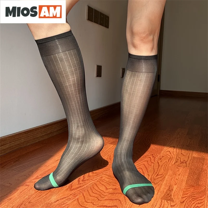 Miosam Top-Qualität, sexy Herren-Sommer-Socken, ultradünn, transparent, Nylon, grün, Streifen, Zehen, atmungsaktiv, Stretch, Business-Herren-Kleidersocken