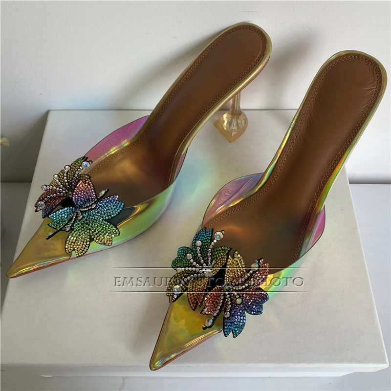 Iridescent Diamond Flower Modern Sandals Women Clear Crystal High Heel PVC Transparent Slingbacks Summer Mules