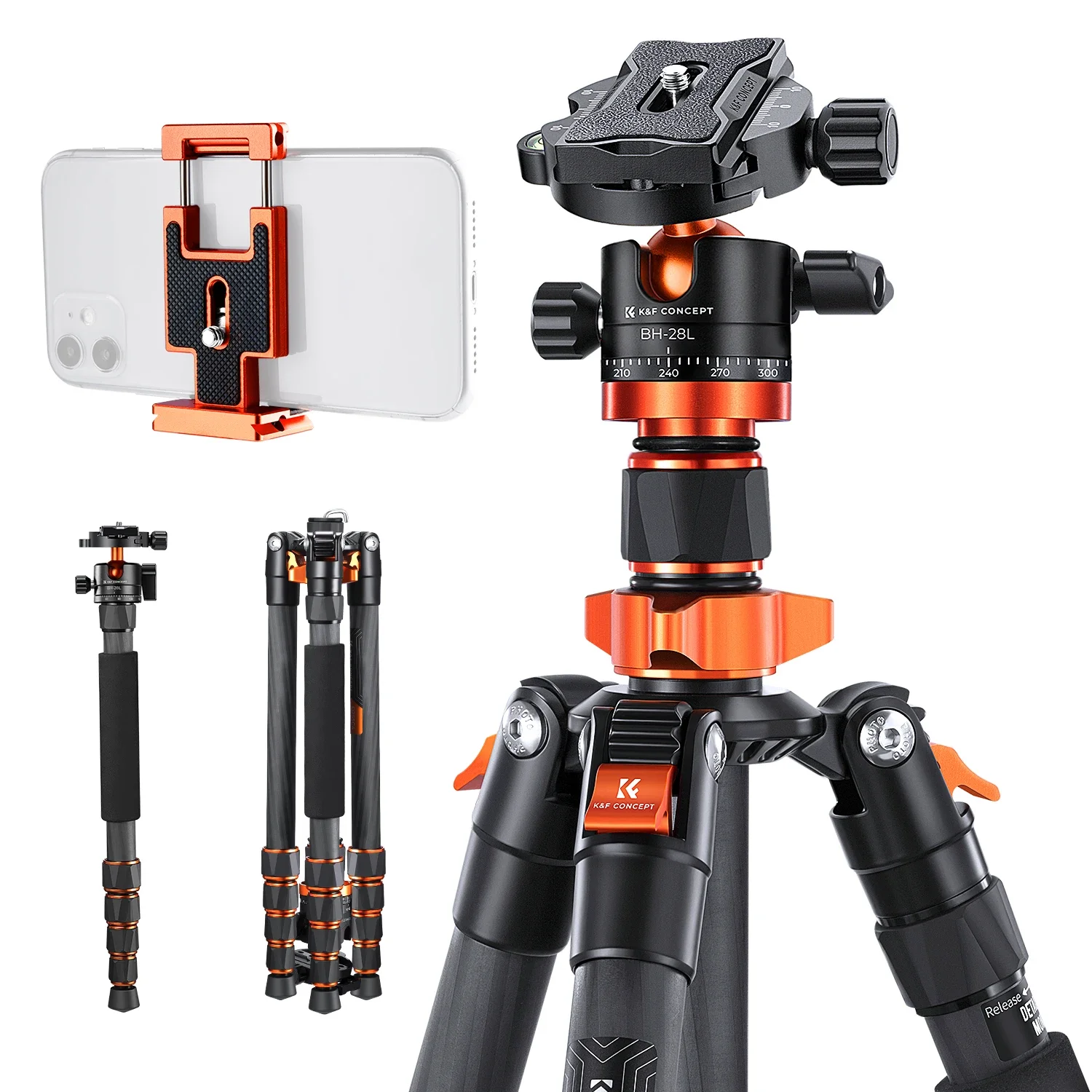 K&F COMCEPT SA255C1 68 inch Koolstofvezel Camera Statief 360 Graden Balhoofd 10 kg Belasting Afneembare Monopod voor Canon Sony Camera