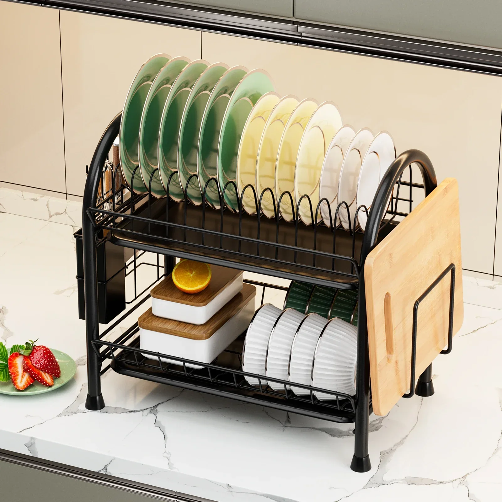 Estante de secado de platos de Metal de 2 niveles, estante de almacenamiento de cubiertos de cocina con tabla escurrida, soporte para tabla de cortar, soporte para cuchillo y tenedor