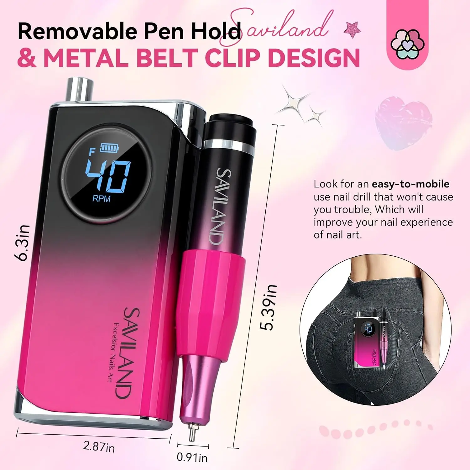 เครื่องเจียรเล็บไฟฟ้าระดับมืออาชีพ: 40000 รอบต่อนาที, ชาร์จซ้ำได้ด้วยแบตเตอรี่ 4000mAh, หัวเซรามิกสำหรับทำเล็บและลอกอะคริลิก