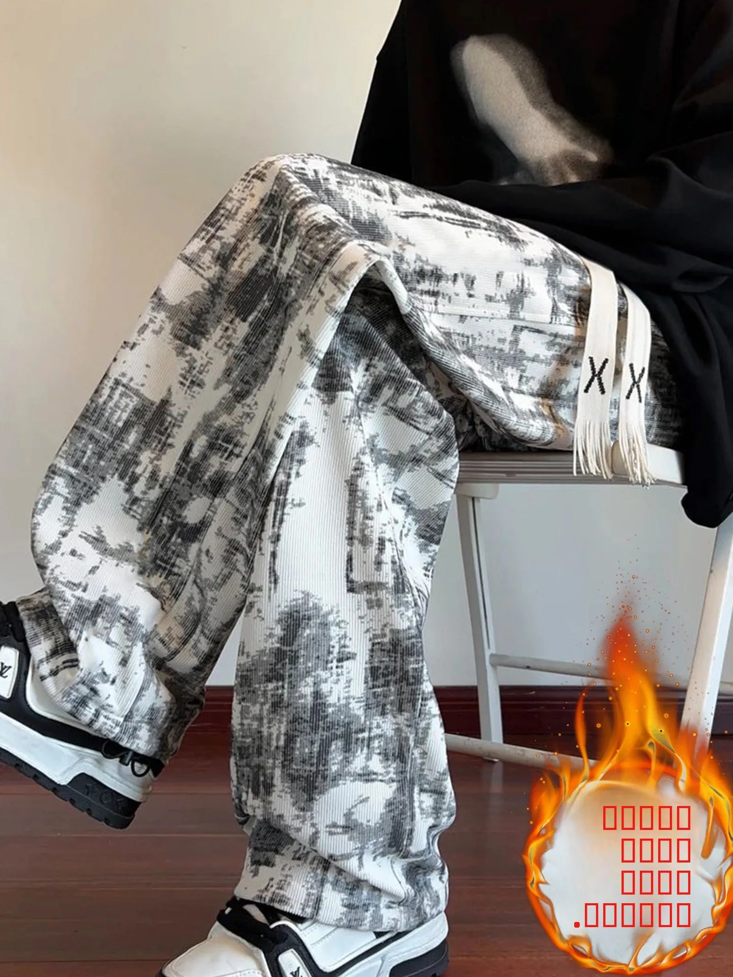 

American Dyed Drawstring Pants Men's Autumn Winter Fleece Street Retro Heavy Casual Sports Corduroy Wide Leg Sweatpants