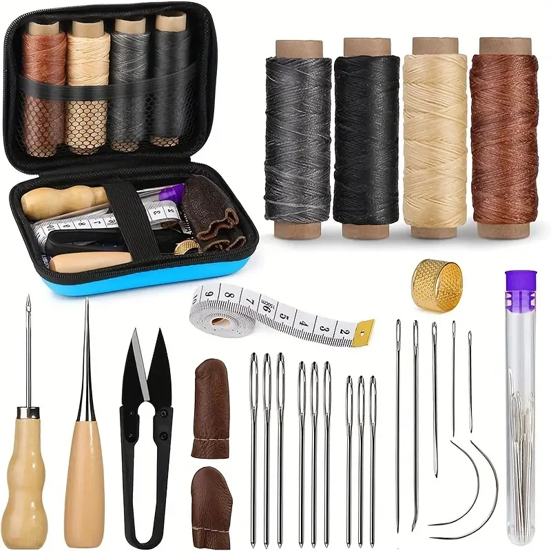 

1 Set Leather Sewing Kit With Waxed Thread Needles Awl Scissors Thimble & Portable Storage Case For Handmade DIY Leatherworking