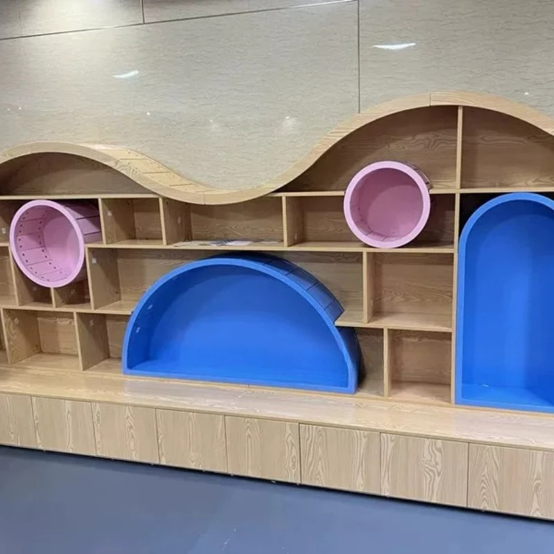 Creative curved bookshelf with stool special-shaped library display cabinet