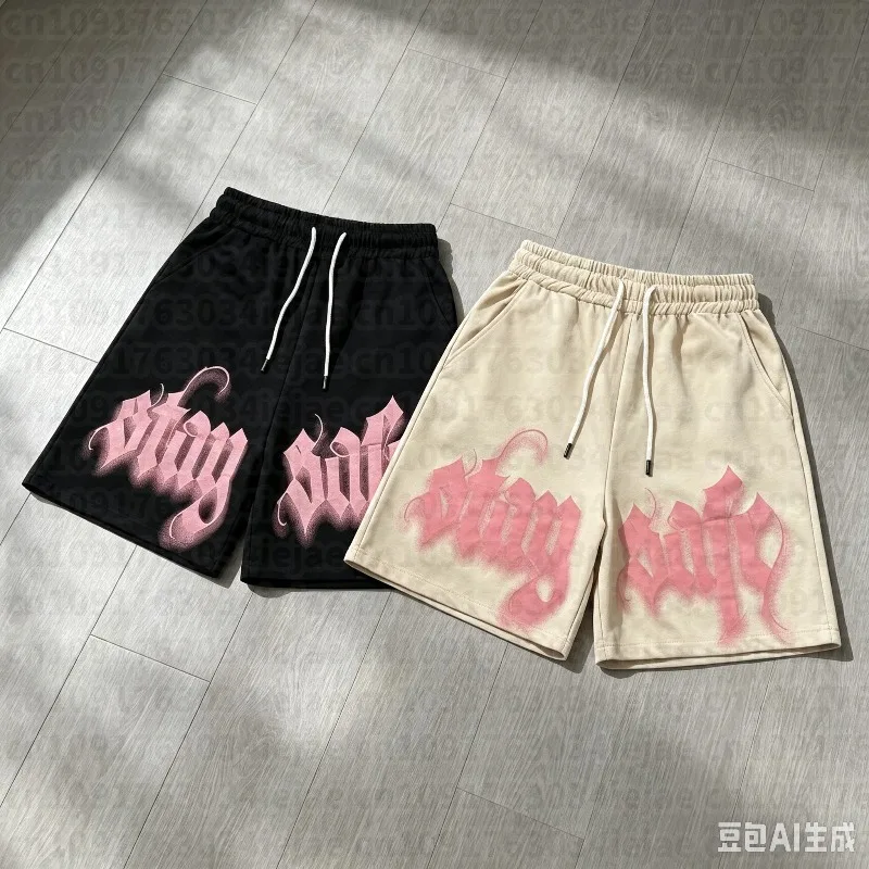 Trend New Retro Sports High Street Pink Letters Versatile Tide Brand Summer Shorts Casual Printing Loose Shorts for Men Kid