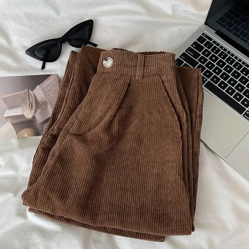 Corduroy Wide Leg Pants Women Vintage High Waist Korean Loose Pockets Basics Trousers Female Solid Office Lady Casual Pants