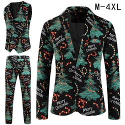 Merry Christmas Printed 3 Piece Suits Sets Men （ Blazers + Vest + Trousers ） Funny Xmas One Button Mens Blazer Set Plus Size 4XL