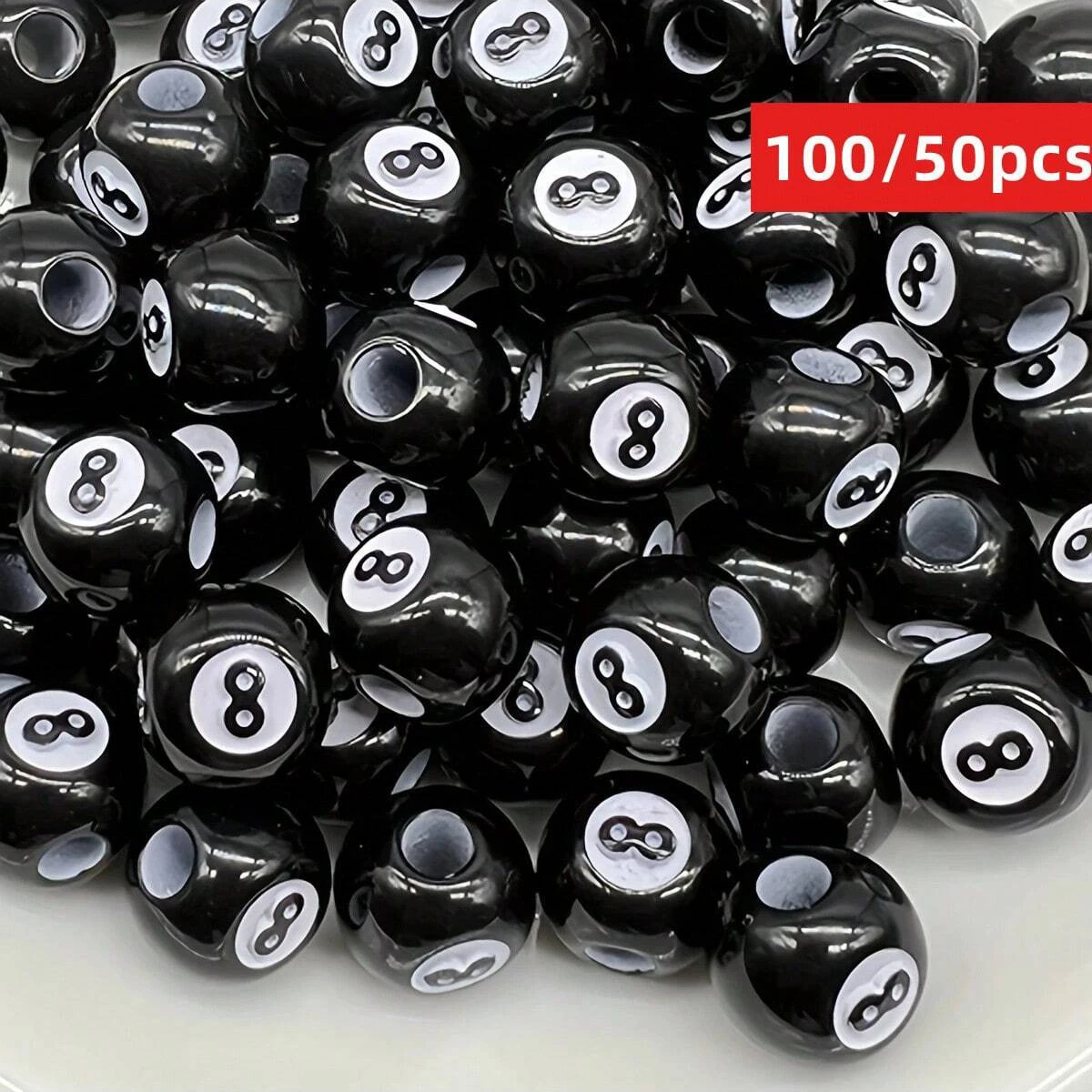 100/50pcs 12mm Acrylic Big Hole Billiards Black Ball Beads For Jewelry Making DIY Bracelet Accessories