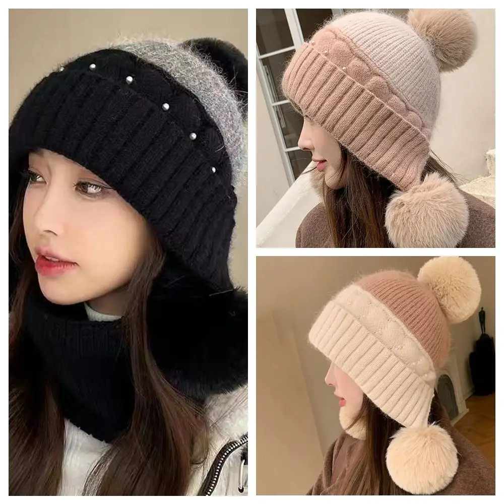 Fashion Solid Color Woolen Knitted Cap Knitted Cold-proof Plush Beanie Hat Plush Ball Thickened Ear Protection Hat Cycling