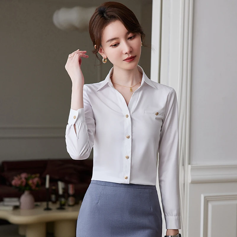 NAVIU White Shirt Women New 2023 Spring Fashion Temprament Slim V Neck Formal Long Sleeve Blouses Office Ladies Work Tops