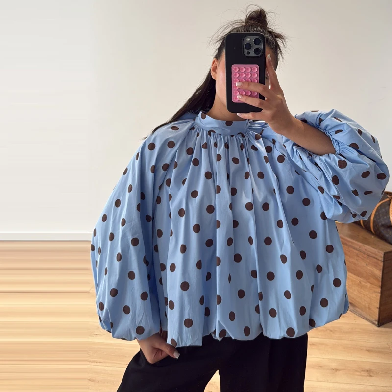 Elegant Chic Polka Dot Lace Up Shirt for Women Long Lantern Sleeve Backless Loose Blouse Top Summer Lady Fashion Casual Shirts