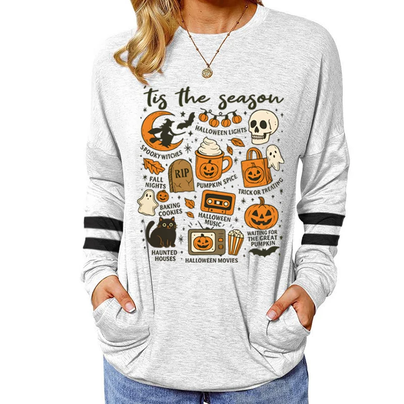 

Retro Halloween Long-sleeved T-shirt Tis The Season Halloween Vibes Shirt Spooky Vibes Tee Clothes Women Pumpkin Halloween Gift