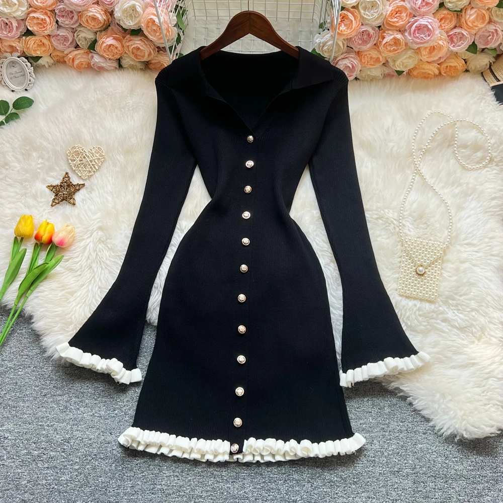 Yuoomuoo chique moda 2025 outono inverno feminino malha mini vestido estilo francês harajuku preto babados vestido de festa senhora outfits