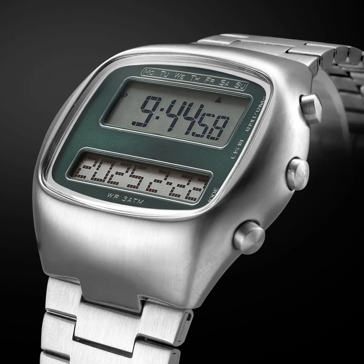 Unisex Retro Digital Wristwatch Dual-Display Stainless Steel Strap Men's Wristwatch with Backlight Calendar Date Month Year Day