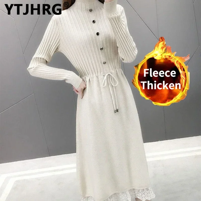 

YTJHRG Lace Fleece Dresses Sweater for Women Half Turtleneck Ladies Party Female Clothing Pullover 2024 New Autumn Winter Skirts