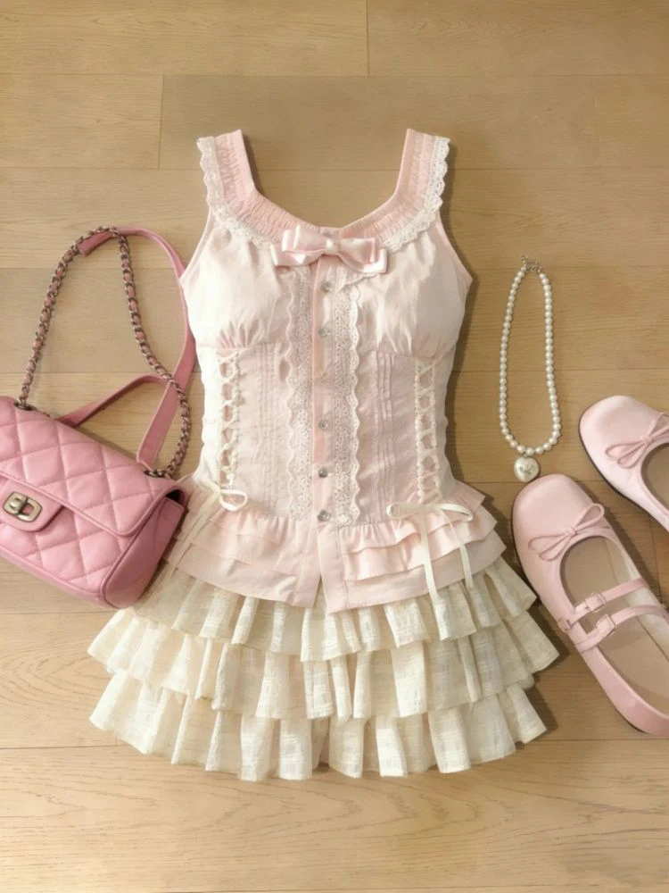 

Sweet Girl Feel Lace Trim Pink Strap Vest Women Summer 2026 New Cake Fluffy Skirt Two Piece Set Short Sleeve round Neck Button