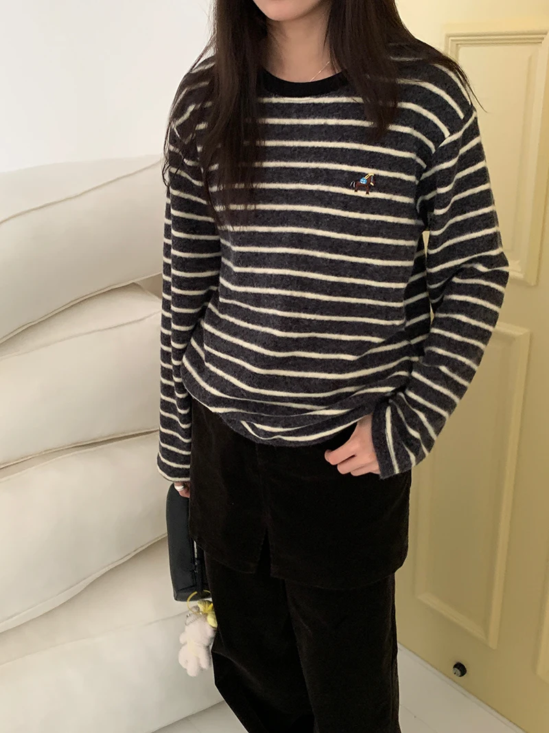 

Осенне-зимний женский повседневный полосатый свободный свитер с круглым вырезом и длинными рукавами