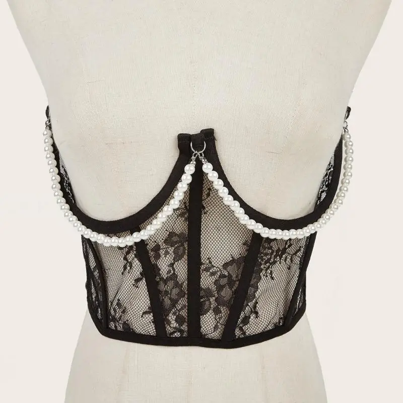 39BD Woman Lace Pattern Corset Bustier Waist Training Belt Corsets with Pearl Chain