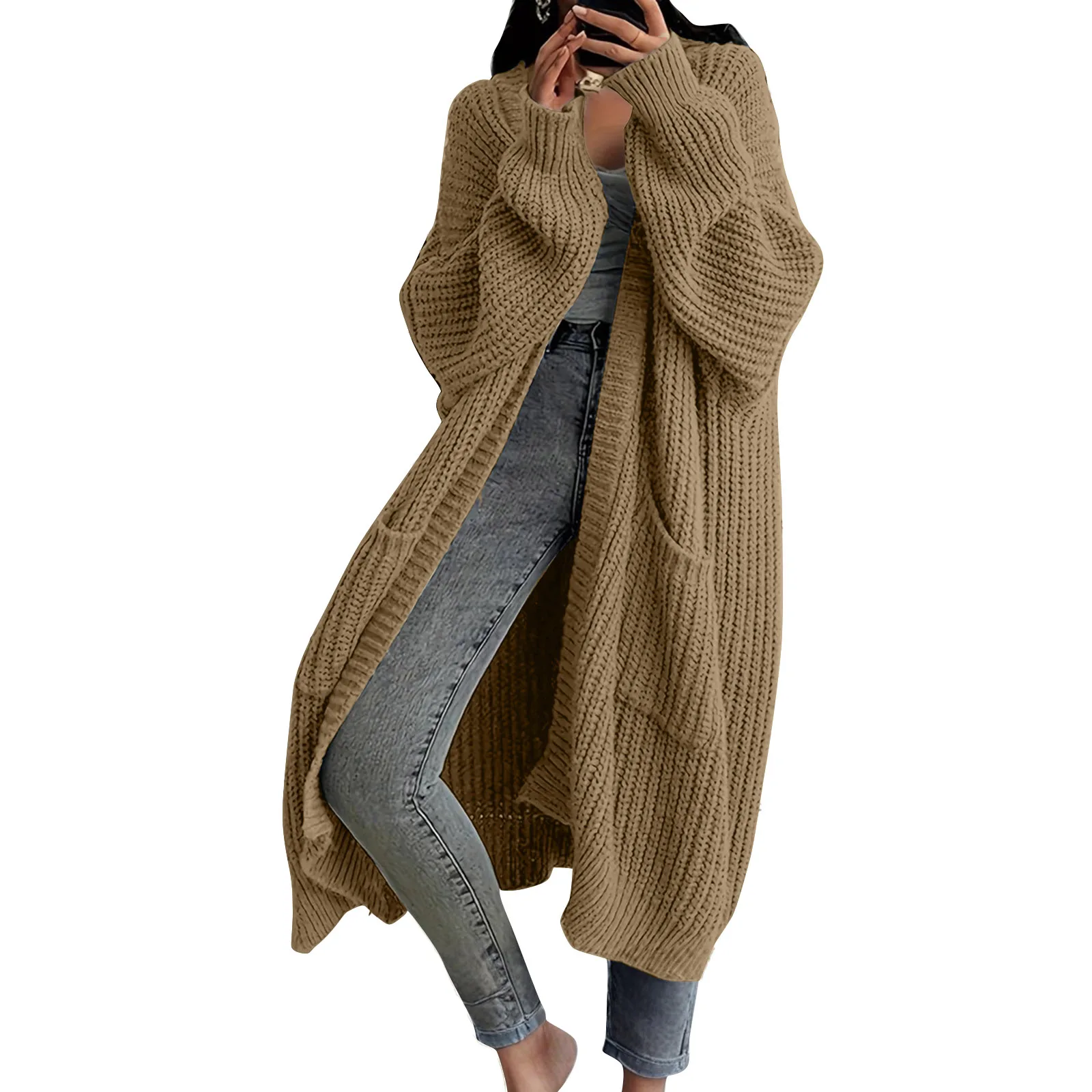 Cárdigan de punto de gran tamaño Camel para mujer, ropa de abrigo holgada con bolsillo palangre, ropa de calle diaria para adultos, ropa cálida de moda 2026