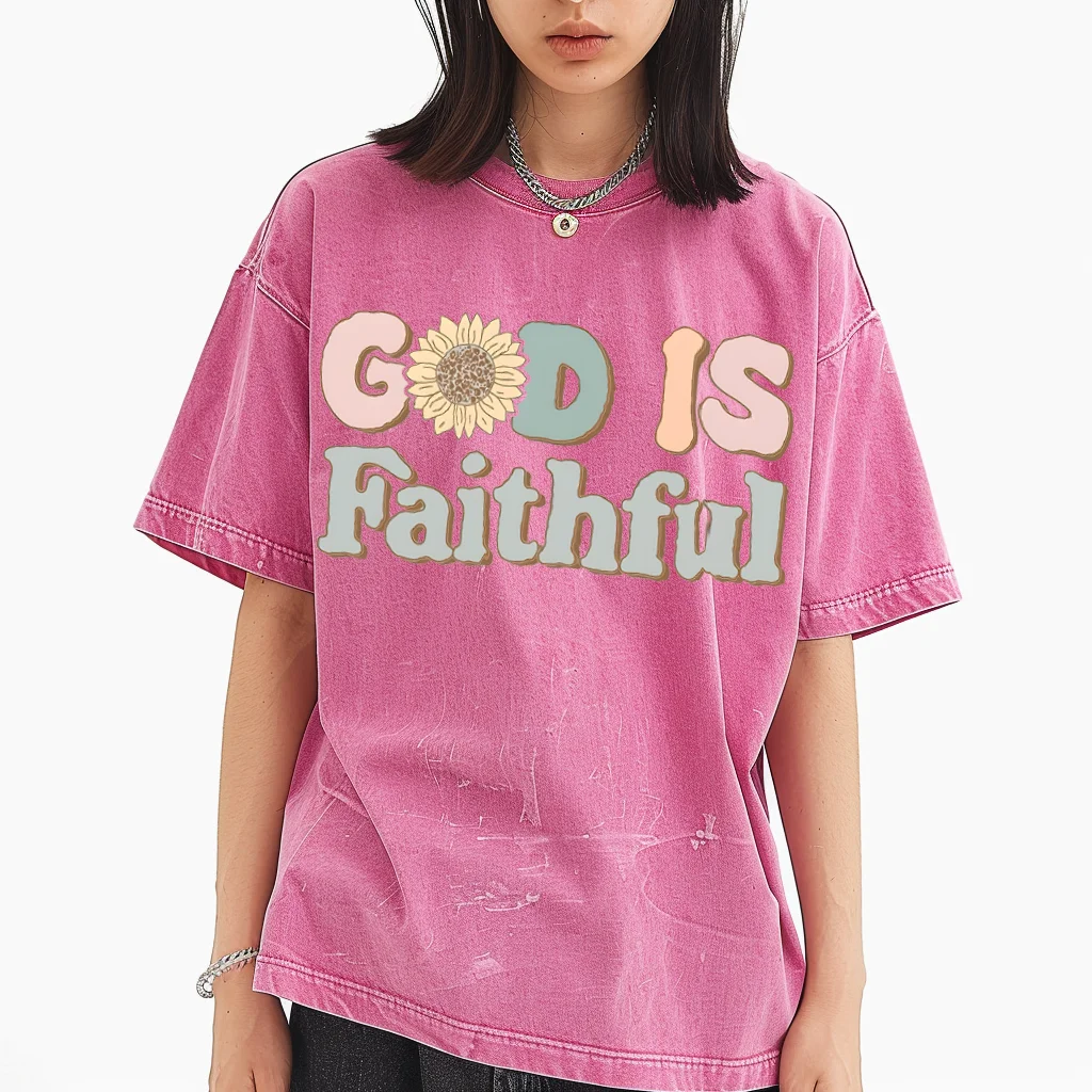 

God Is Faithful Y2K Washed Short Sleeves T-Shirt, Printed Creative Unisex Oversized Vintage Streetwear New Fashion Plus-Size Tee