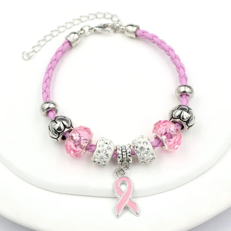 New Arrival Breast Cancer Pink Ribbon Bead Charm Bracelet Pink PU Braid Leather Bracelets For Women Jewelry Awareness Pulsera