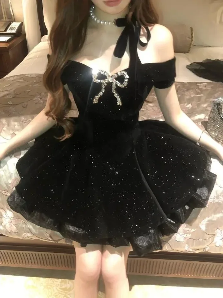 Vestido Negro de Fiesta de Noche para Mujer Gótico Hombro Descubierto Vintage Americano Y2k Mini Vestido Femenino para Oficina Cumpleaños Coreano 5