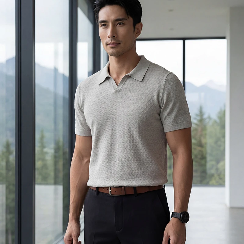 Men's POLO Collar Pullover T-Shirt 10% Cashmere 70% Mulberry Silk 20% Silk Wool Short Sleeved Casual Morning Spring Summer New..