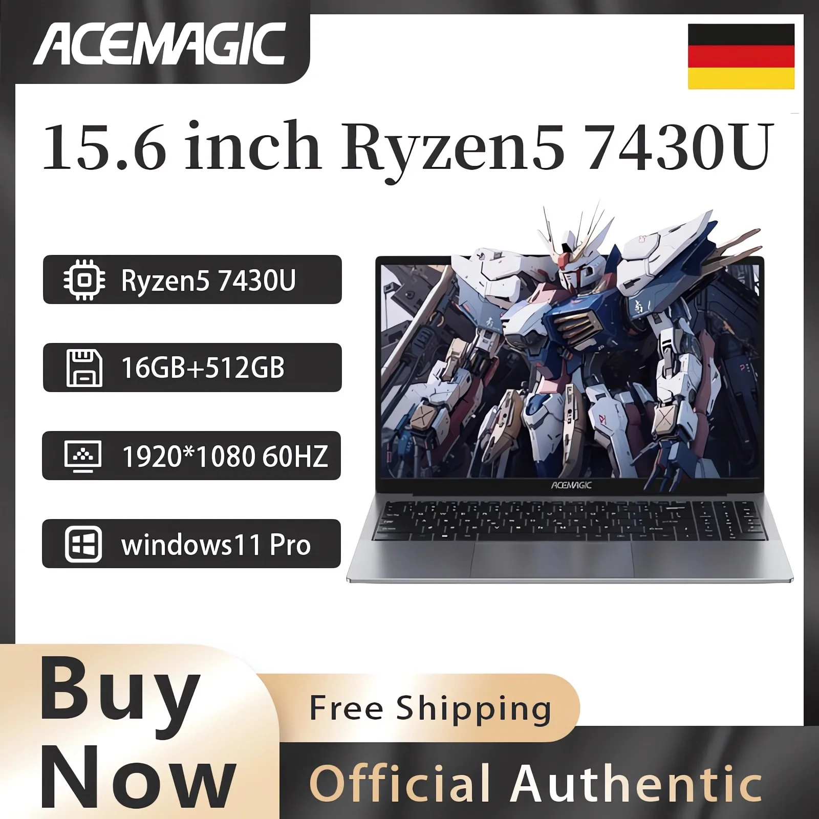 ACEMAGIC LX15Pro Gaming-Laptop 15,6 Zoll Ryzen5 7430U RAM 16 GB SSD 512 GB HD-Kamera Tragbarer Laptop 4,3 GHz 180 °   Öffnen und Schließen Win11