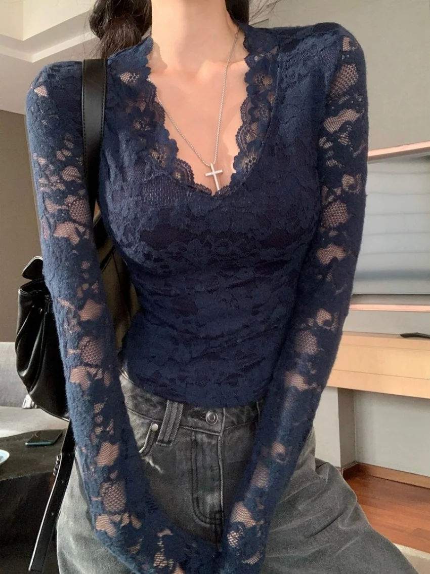 

Узкая футболка Alien Kitty, шикарная облегающая новая женская кружевная футболка с глубоким v-образным вырезом, сексуальная футболка с длинным рукавом 2025 года, осенние футболки для ночного клуба