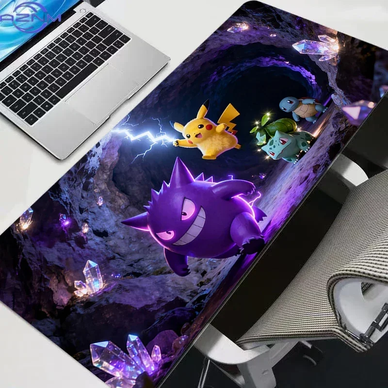 Pikachu Gengar Bulbasaur Crystal Cave Large Mousepad, Rubber Non Slip Extended Gaming Desk Mat, Anime Cartoon Table Pad for Lapt