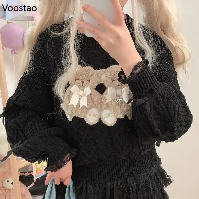 Vintage Sweet Lolita Style Knitted Pullover Girls Cute Plush Cartoon Bear Embroidery Bow Sweater Women Harajuku Knitwear Tops