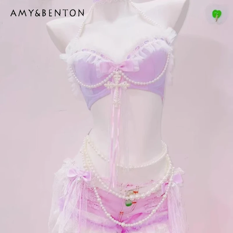 

Original Design Pearl Lace Trim Sexy Women's Sling Vest 2025 Summer New Y2K Hot Girl Sweet Cool Mini Shorts Skirt Sets Ladies
