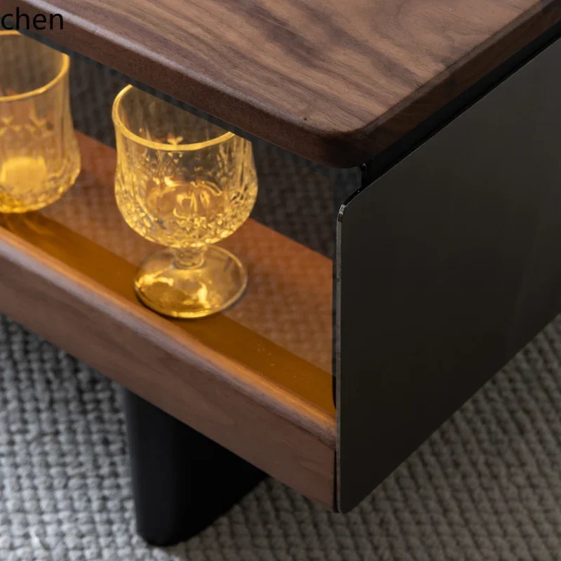 W5.19 walnut solid wood rock slab coffee table display modern black rectangular small apartment with lighting atmosphere