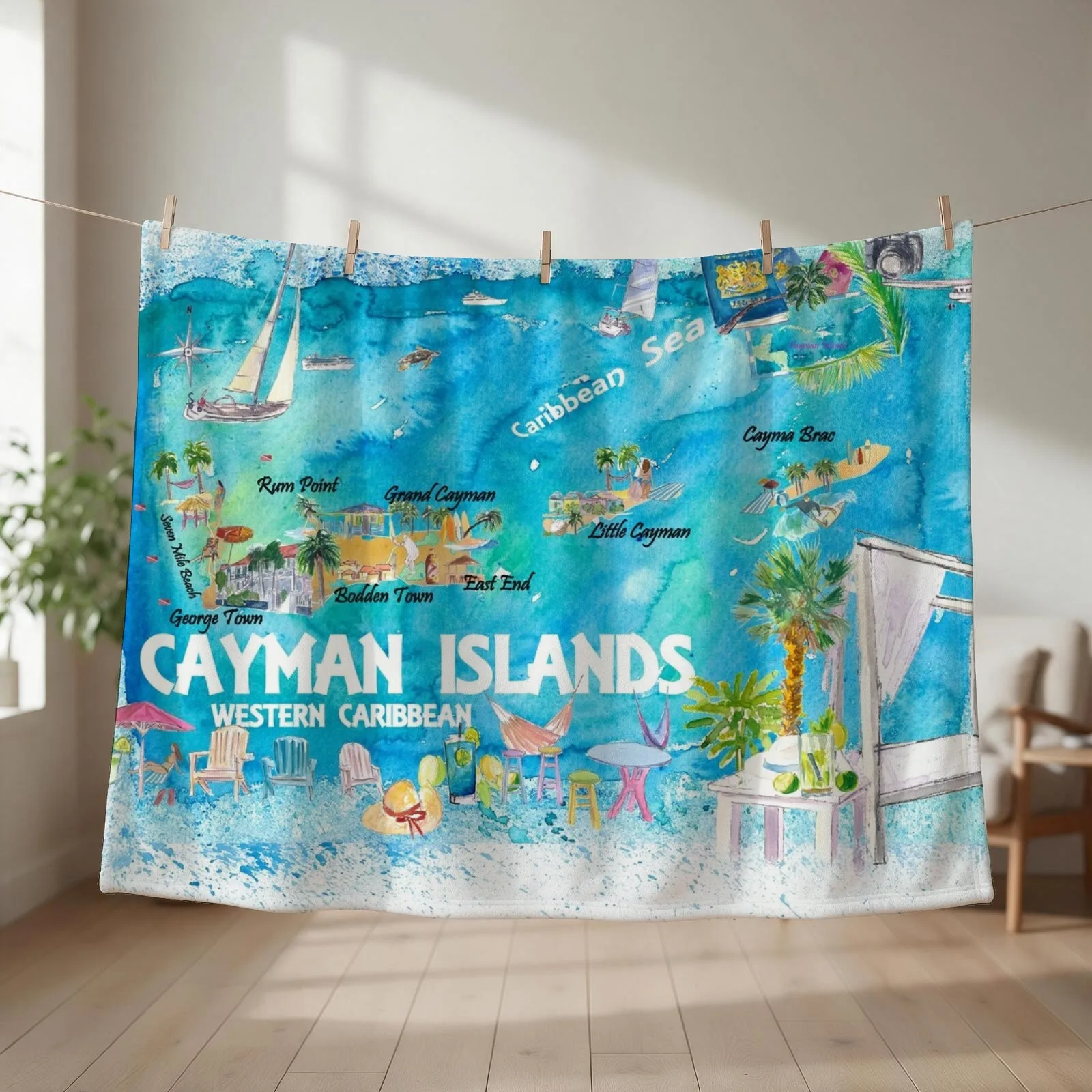 Cayman Islands Illustrated Travel Map with Roads and Highlights Throw Blanket Cute Plaid Sofa Quilt Kid'S cosplay anime Blankets