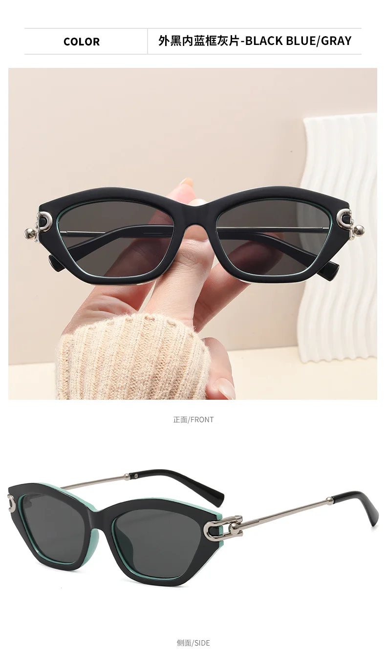 Vintage Mode Patchwork Knotenbein Cat-Eye Sonnenbrille für Damen, Markenlegierung, Schwarz-Blau-Verlauf, Damen UV400 Sonnenbrillen – Detail 9