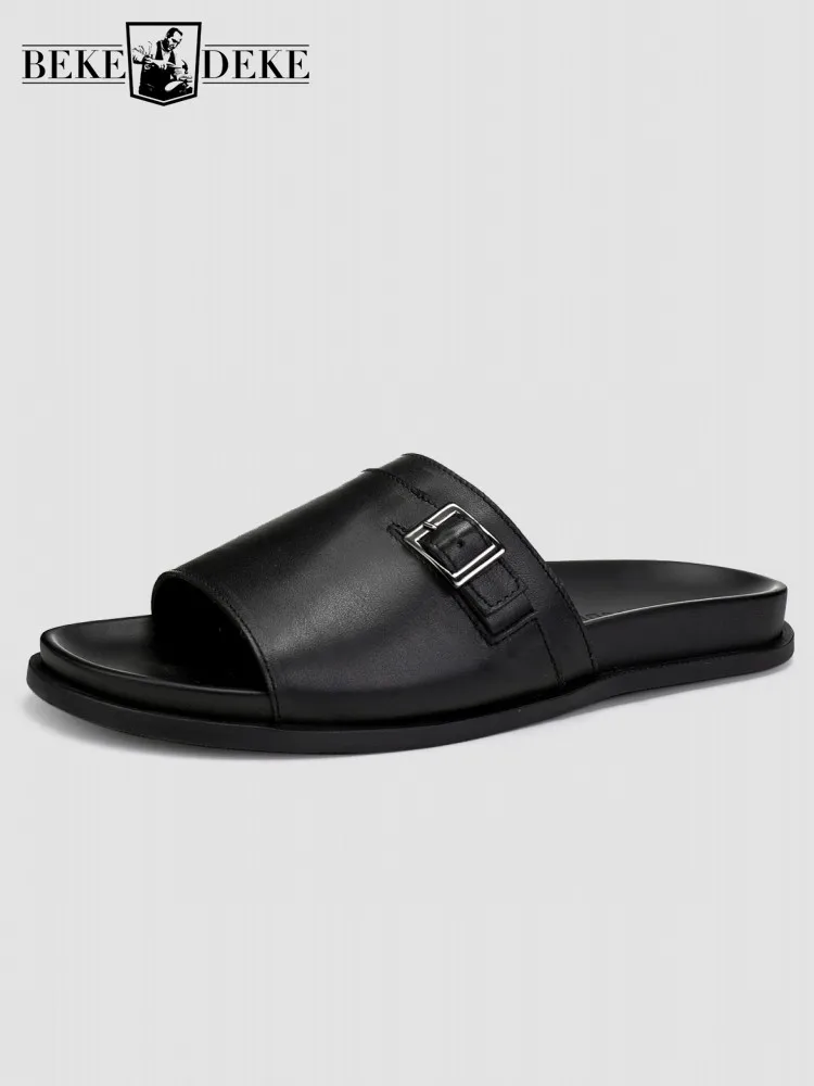 

Solid Color Genuine Leather Black Slippers Summer Outside Open Toe Breathable Cowhide Casual Flat Shoes Men Fashion Beach Slides