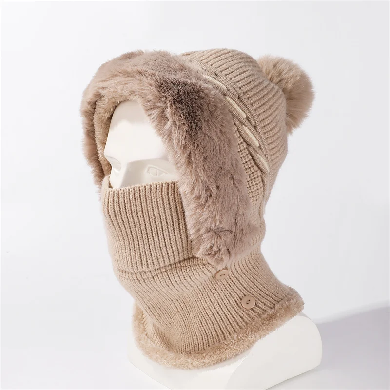 

Fashion Winter Women Knitted Hats Scarf Caps Set Warm Winter Hat for Girl with Buttons Keep Neck Warmer Windproof Cap