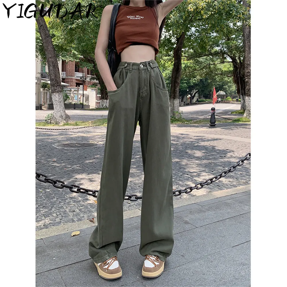 

Women Army Green Cargo Jeans Vintage Pocket Wide Leg Pants High Waist Straight Casual Baggy Fashion Denim Trouser Ladies Summer