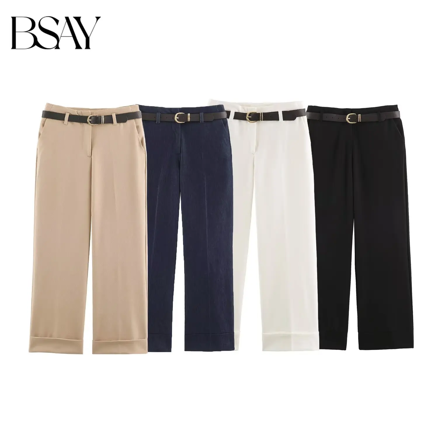 BSAY Women Solid Color Wide Leg Pants High Waist Turn Up Cuff Hem With Metal Buckle Belt Elegant Commuter Casual Long Trousers