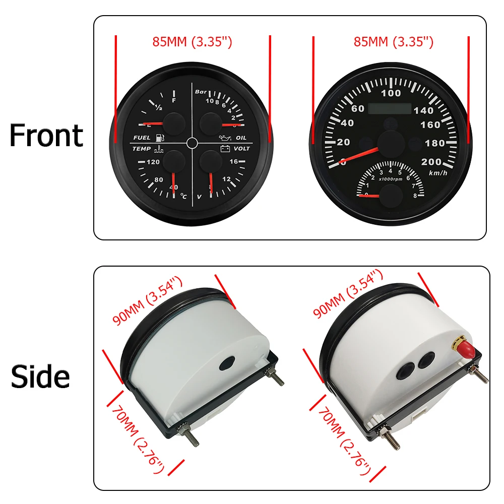 ELING 85mm GPS Speedometer 0-200km/h with Tachometer 0-8000RPM and 4 in1 Gauge Fuel Level Water Temp Oil Press 8-16V Voltmeter