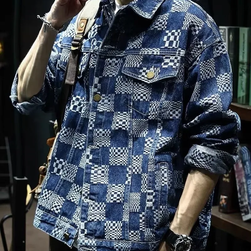 Blue Instagram Checkered Denim Men, Spring Autumn Fashion Brand, Loose And Versatile Top Jacket For Men