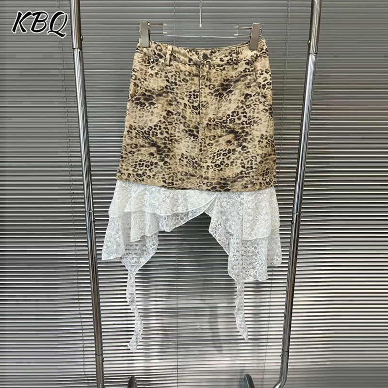 

KBQ Slimming Sexy Spliced Lace Leopard Print Skirts For Women High Waist Summer Temperament Mini Skirt Female Fashion Style New