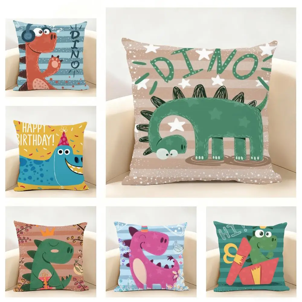 Cute Cartoon Dinosaur Animal Art Cushion Cover Linen Pillowcase Soft  for Sofa Bed Home Room Decor