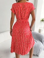 Women Spring Summer Short Sleeve High Waist Chic Dress Fashion Floral Pleated A Line Long Dress - Image 2