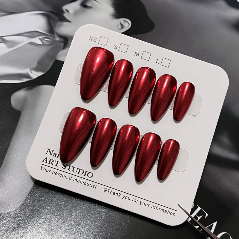 10PCS Chrome Handmade Press on Nails Acrylic Magic Full Cover Fake Nails Red Metal Almond Wearable Adhesive Artificial Manicure