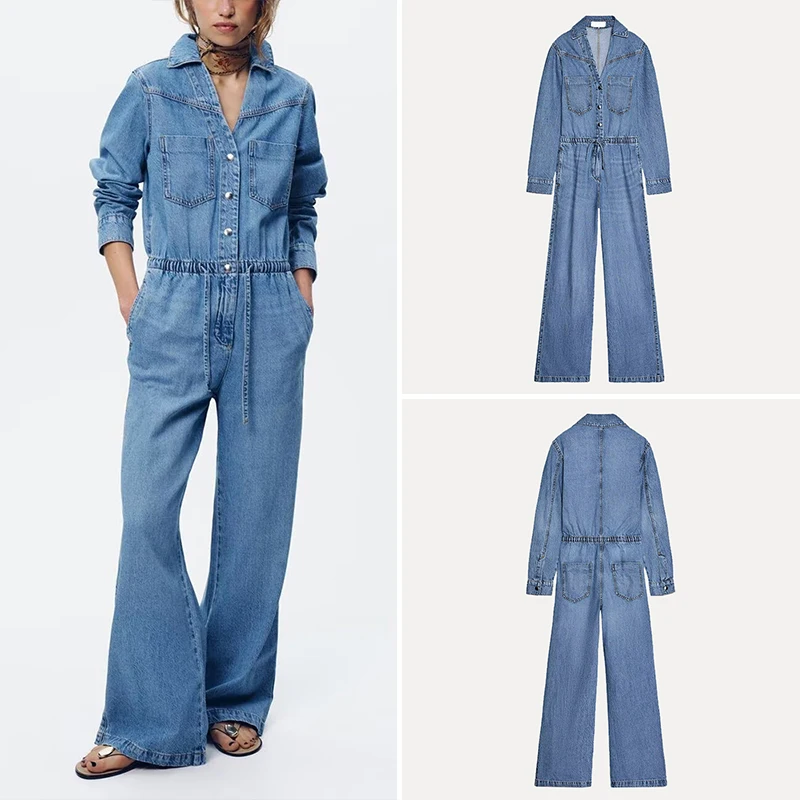 

Faionable Adjustable Waist Denim Jumpsuit High Waist Straight Leg Long Pants Commute Sle Polyester Fiber Z Brand