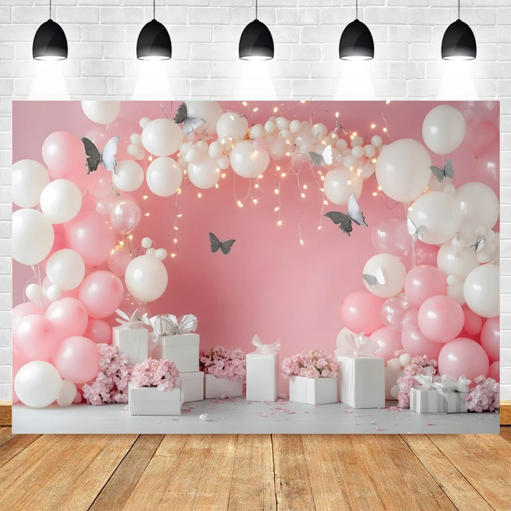 Toile de fond de fête de premier anniversaire de fille, fond de photographie de gâteau Smash, ballon rose et or, fleurs douces, papillon, baby shower