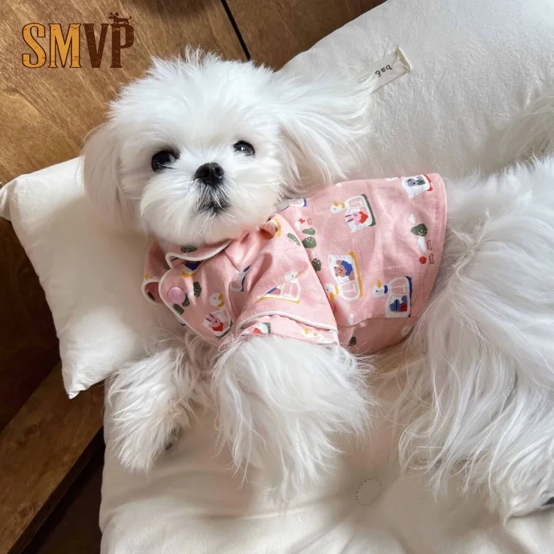

Summer Korean Soft Breathable Pink Lapel Full of Bear Pattern Cute Style Kitten Small Medium Pet Dog Pajamas Loungewear Clothes