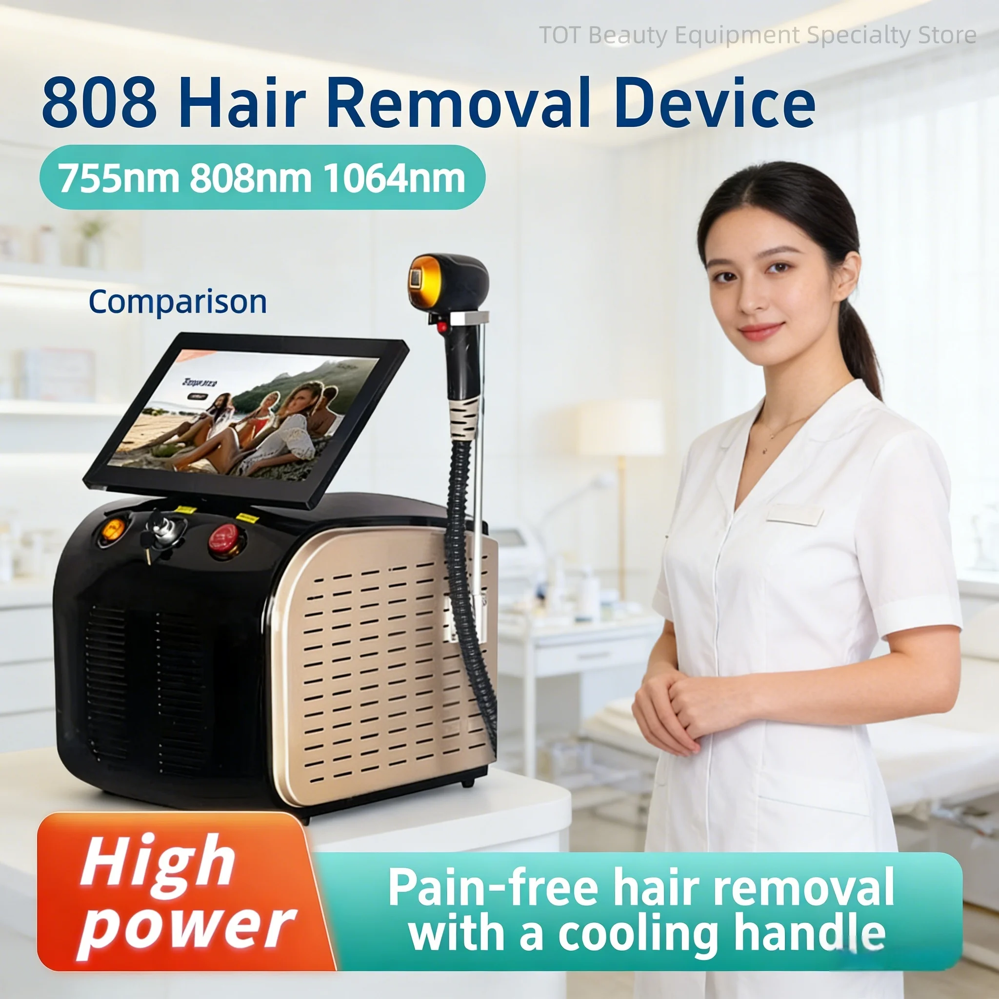 

Портативный диодный лазер 4000 Вт, 808 нм, 755, 808, 1064 нм, длина волны, точка замерзания, безболезненное постоянное александритовое удаление волос